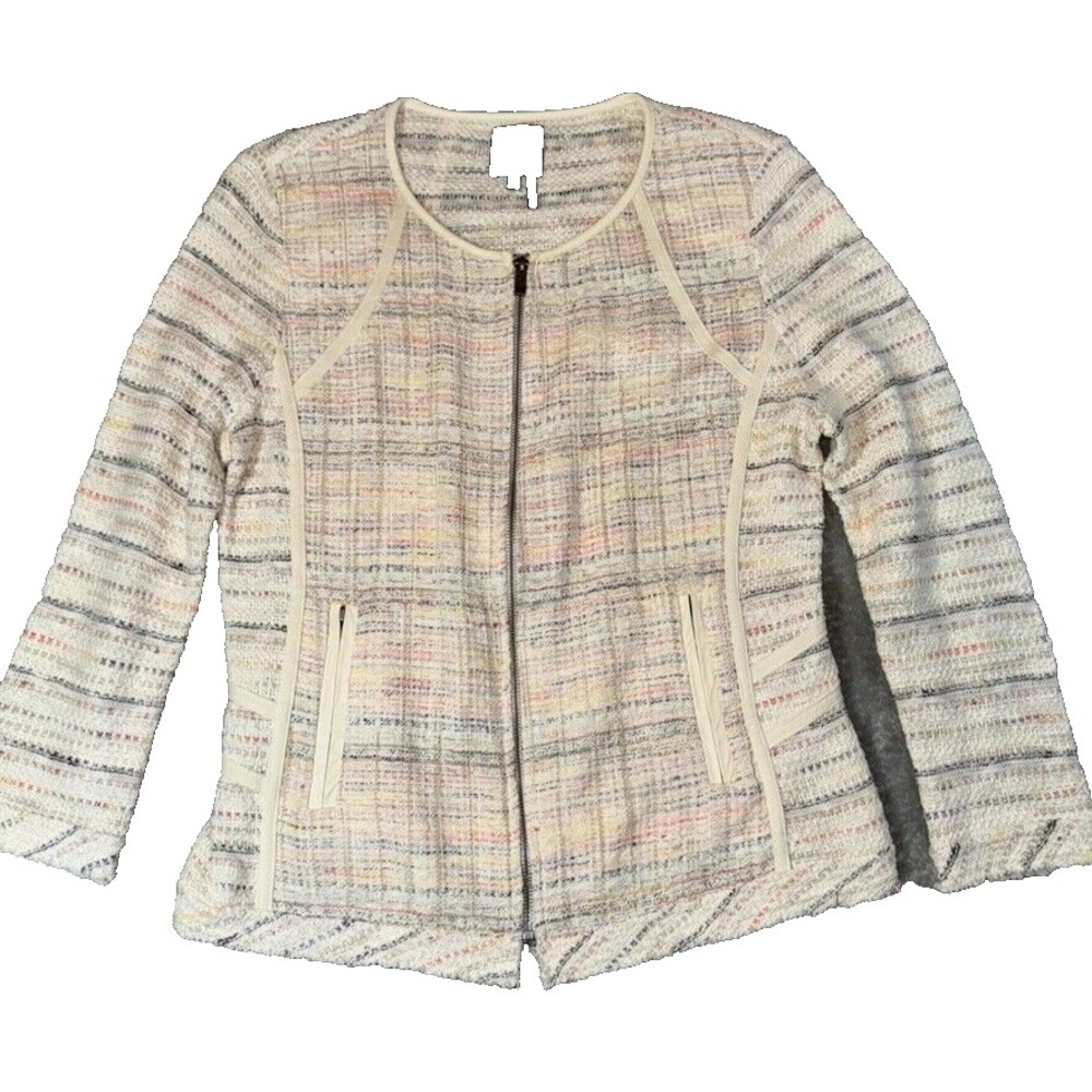 Boucle Plaid Jacket M Neutral Zip Front Minimalist Office Chic Layering Piece